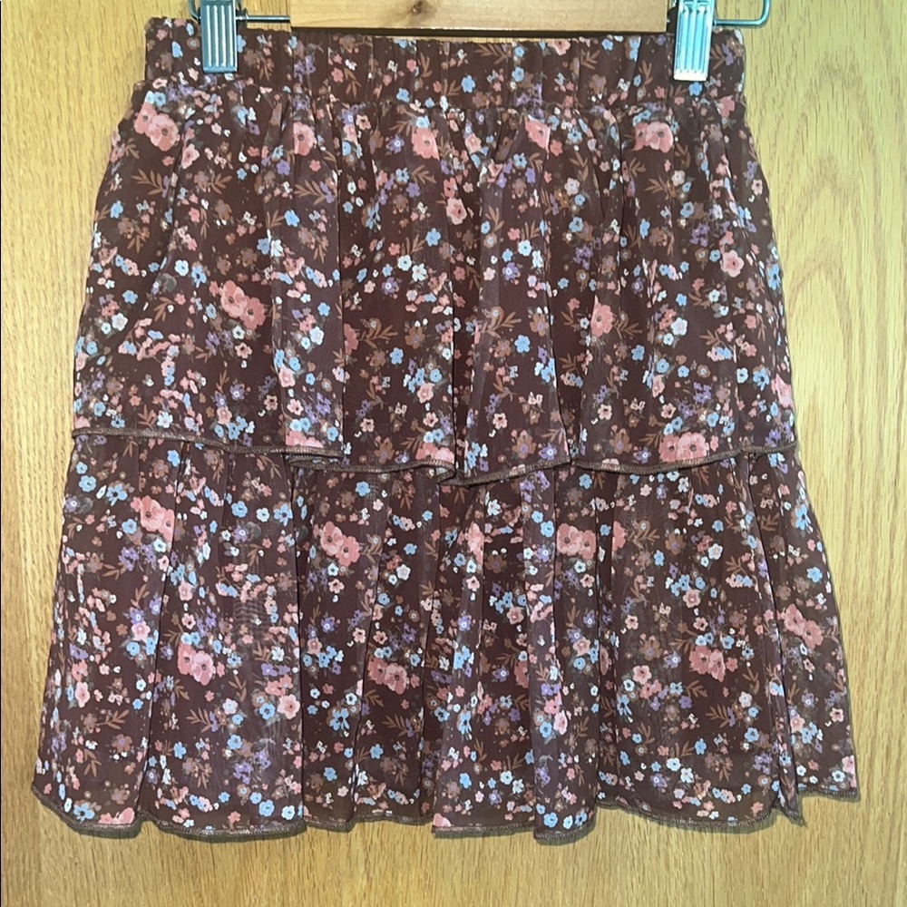 Moon‎ & Stars Brown & White Mini Tiered Dainty Floral Skirt Girls size10/12 NWOT
